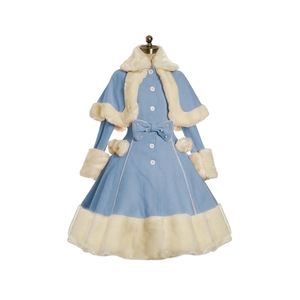 Yskkt Women Lolita Autumn Coat Warm Fur Collar Bowknot Dress